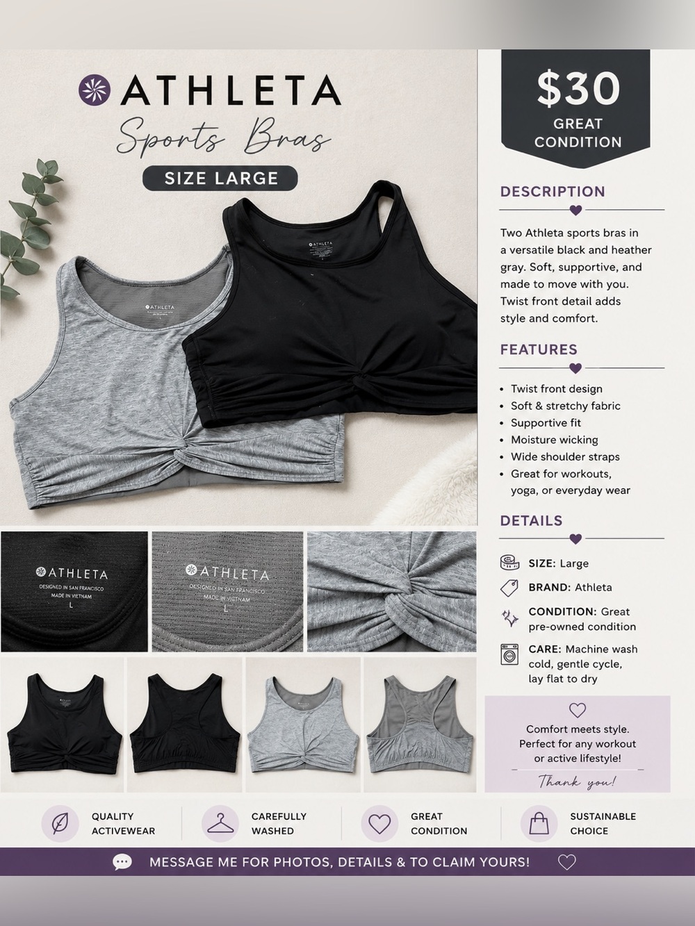 Athleta Two-Pack Twist-Front Sports Bras - Black & Heather Gray